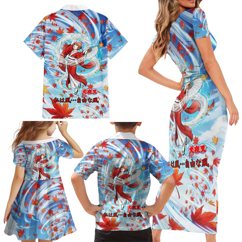 Kagura Inuyasha Series Family Matching Short Sleeve Bodycon Dress and Hawaiian Shirt Wind Spirit Anime Style with Autumn Maple Leaves