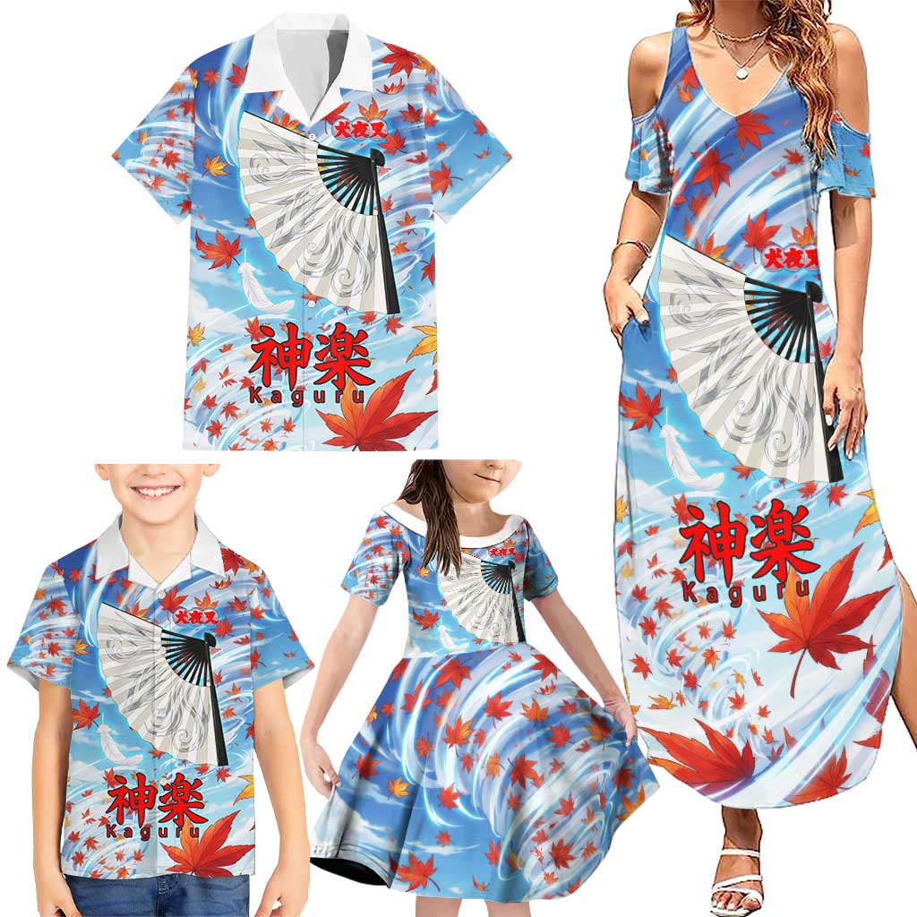 Kagura Inuyasha Series Family Matching Summer Maxi Dress and Hawaiian Shirt Wind Spirit Anime Style with Autumn Maple Leaves