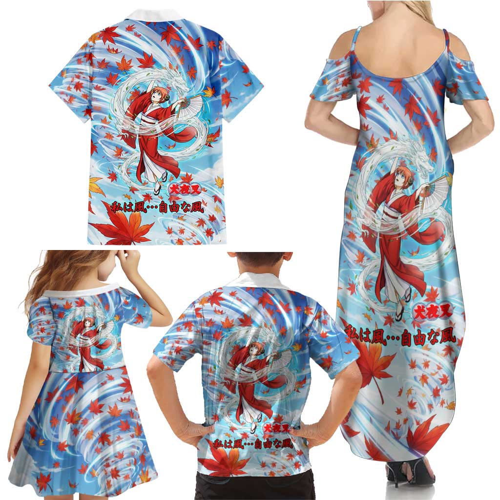 Kagura Inuyasha Series Family Matching Summer Maxi Dress and Hawaiian Shirt Wind Spirit Anime Style with Autumn Maple Leaves