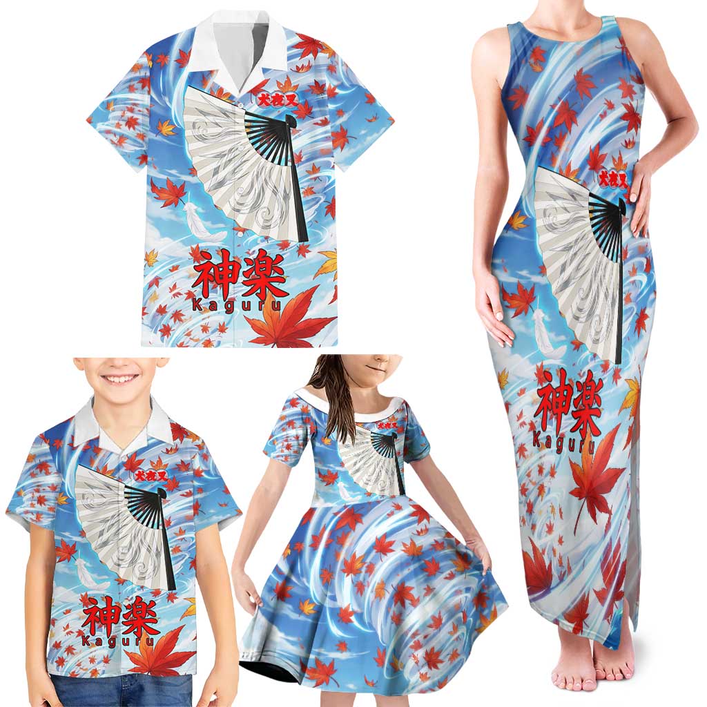 Kagura Inuyasha Series Family Matching Tank Maxi Dress and Hawaiian Shirt Wind Spirit Anime Style with Autumn Maple Leaves