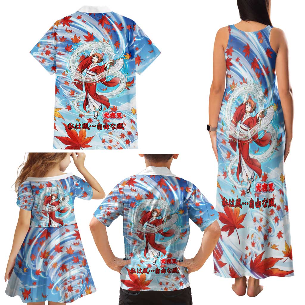 Kagura Inuyasha Series Family Matching Tank Maxi Dress and Hawaiian Shirt Wind Spirit Anime Style with Autumn Maple Leaves
