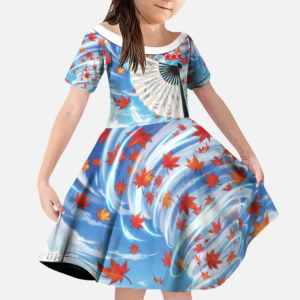 Kagura Inuyasha Series Kid Short Sleeve Dress Wind Spirit Anime Style with Autumn Maple Leaves