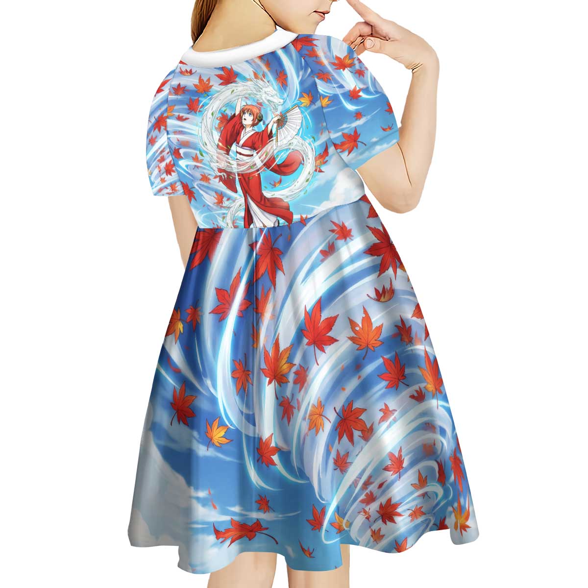 Kagura Inuyasha Series Kid Short Sleeve Dress Wind Spirit Anime Style with Autumn Maple Leaves
