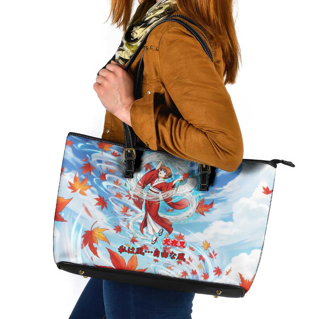 Kagura Inuyasha Series Leather Tote Bag Wind Spirit Anime Style with Autumn Maple Leaves