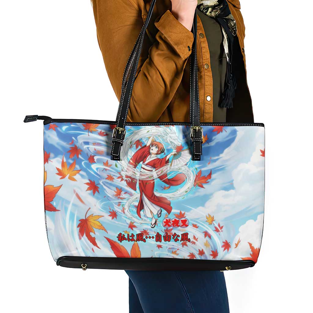 Kagura Inuyasha Series Leather Tote Bag Wind Spirit Anime Style with Autumn Maple Leaves