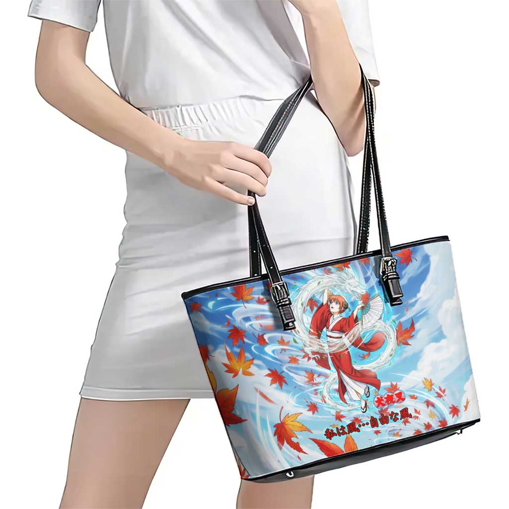 Kagura Inuyasha Series Leather Tote Bag Wind Spirit Anime Style with Autumn Maple Leaves