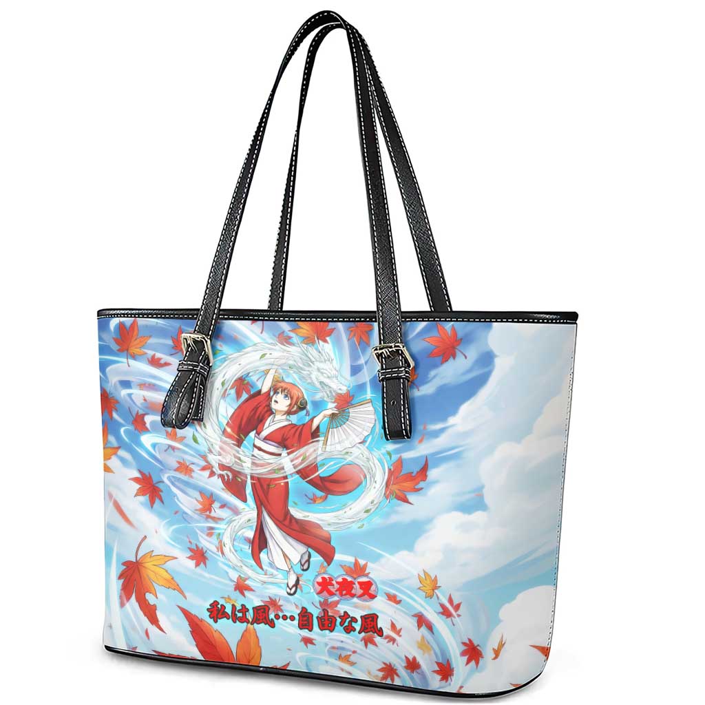 Kagura Inuyasha Series Leather Tote Bag Wind Spirit Anime Style with Autumn Maple Leaves