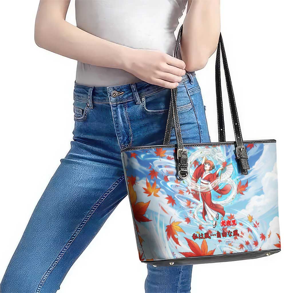 Kagura Inuyasha Series Leather Tote Bag Wind Spirit Anime Style with Autumn Maple Leaves