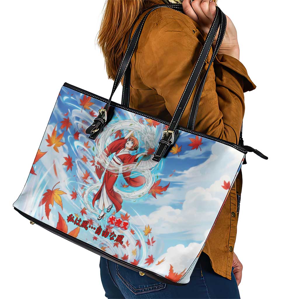Kagura Inuyasha Series Leather Tote Bag Wind Spirit Anime Style with Autumn Maple Leaves