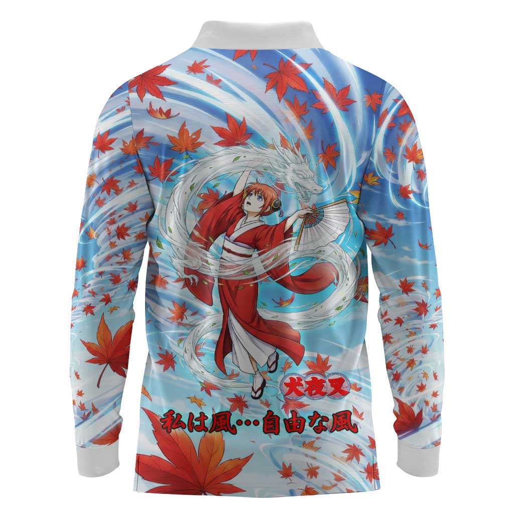 Kagura Inuyasha Series Long Sleeve Polo Shirt Wind Spirit Anime Style with Autumn Maple Leaves