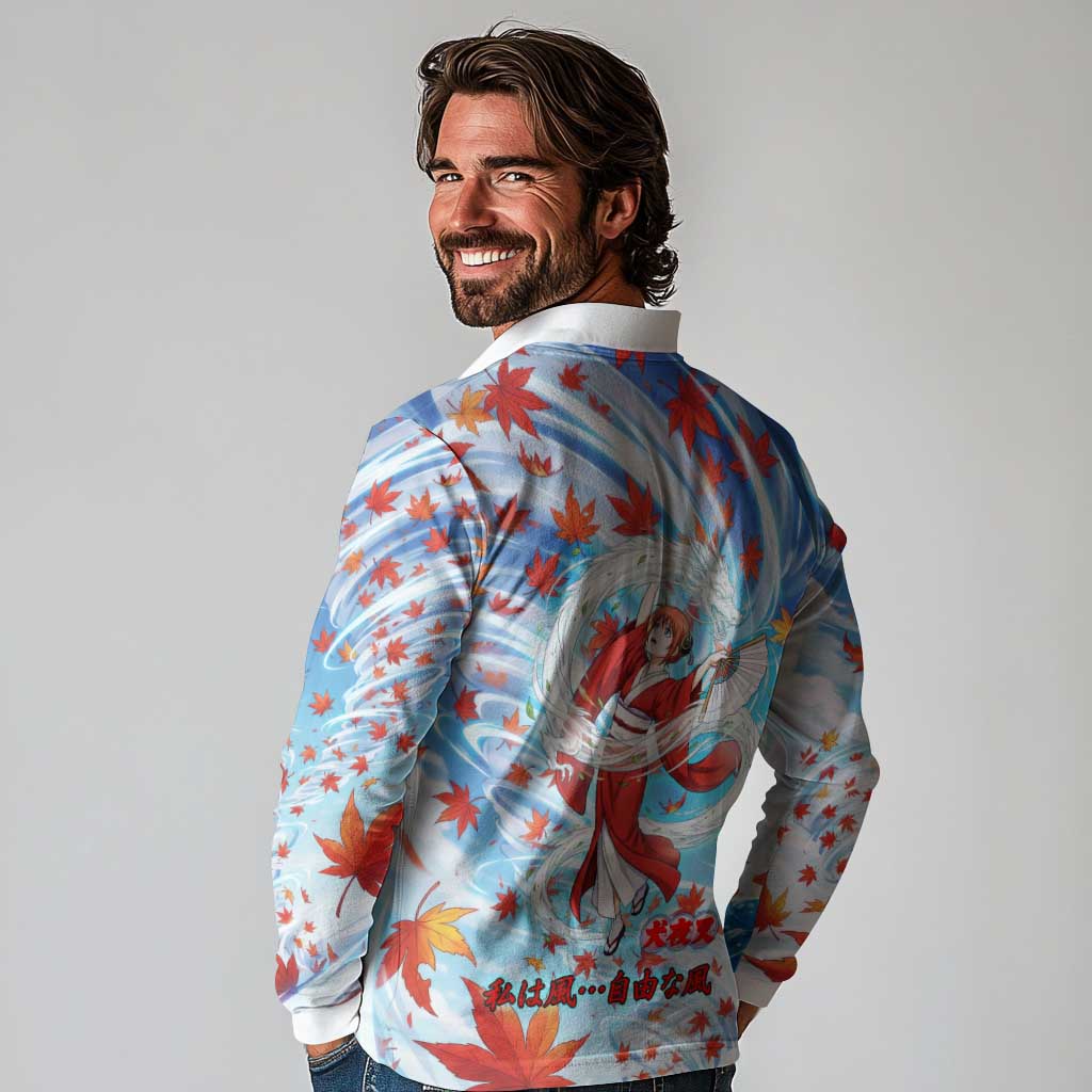Kagura Inuyasha Series Long Sleeve Polo Shirt Wind Spirit Anime Style with Autumn Maple Leaves