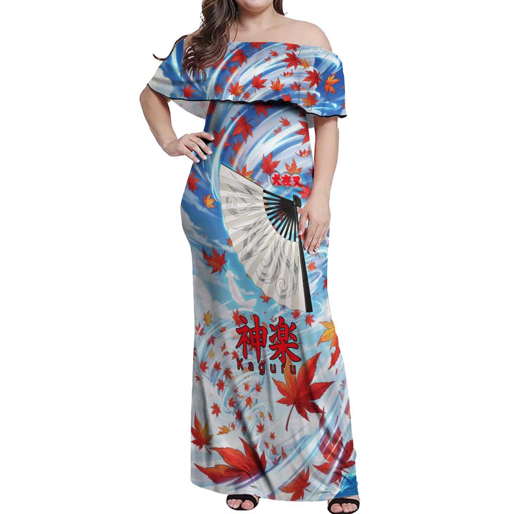 Kagura Inuyasha Series Off Shoulder Maxi Dress Wind Spirit Anime Style with Autumn Maple Leaves