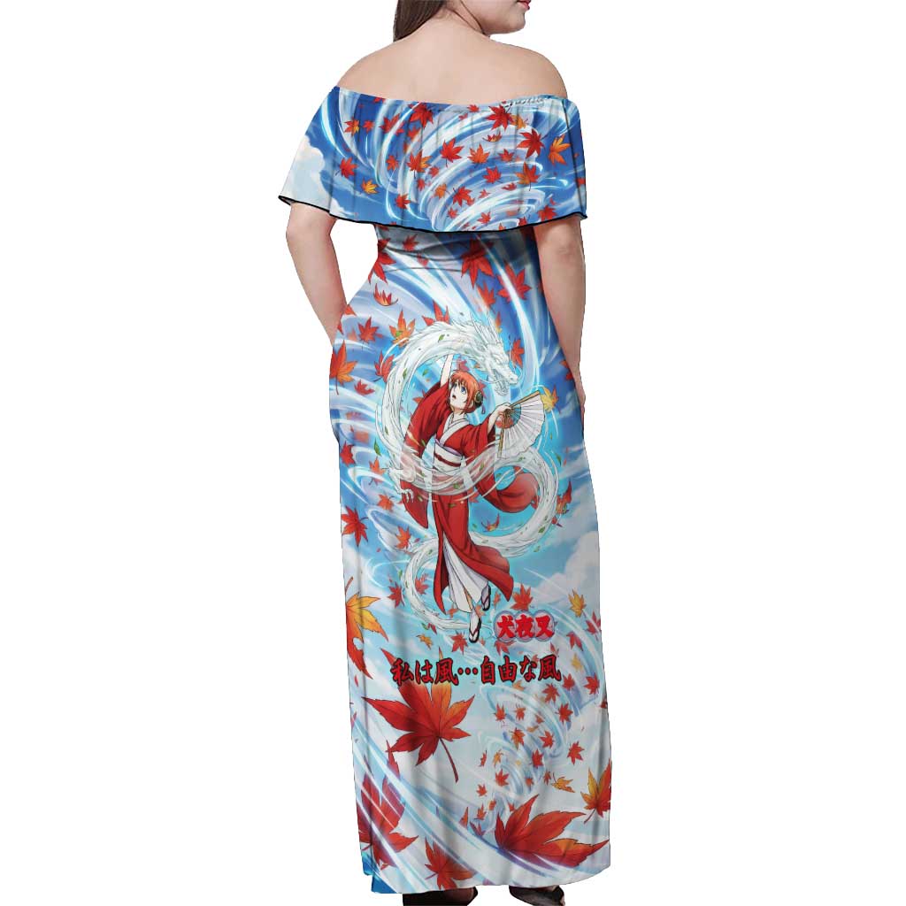 Kagura Inuyasha Series Off Shoulder Maxi Dress Wind Spirit Anime Style with Autumn Maple Leaves