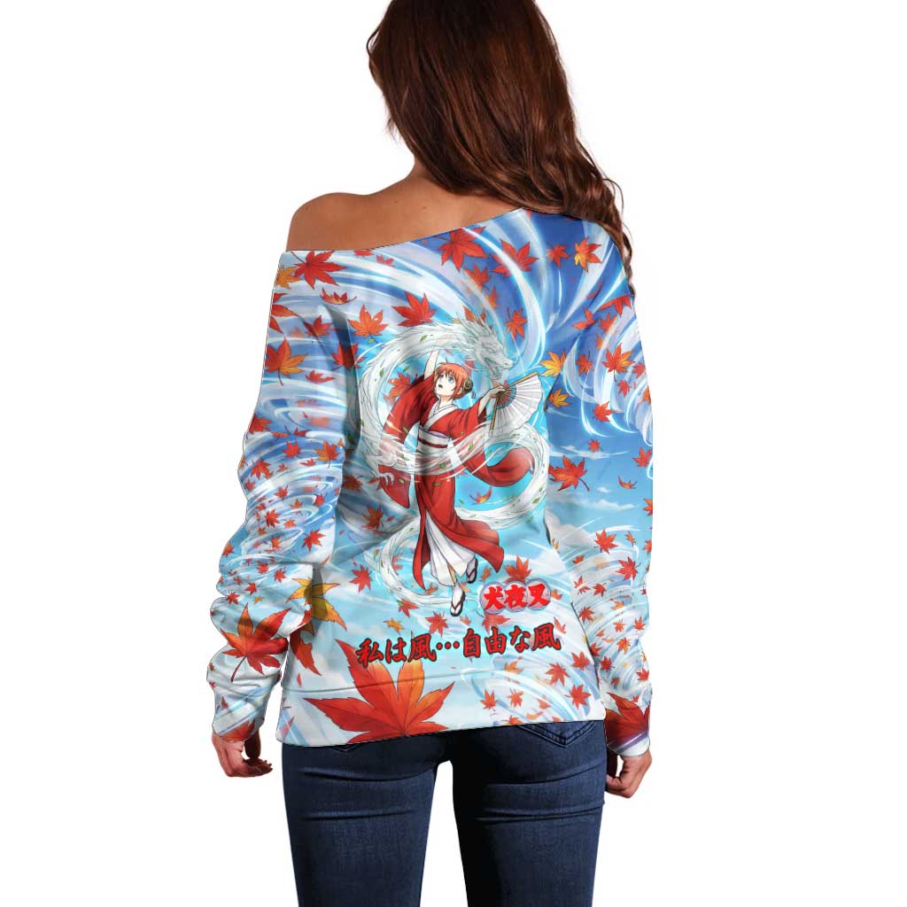 Kagura Inuyasha Series Off Shoulder Sweater Wind Spirit Anime Style with Autumn Maple Leaves