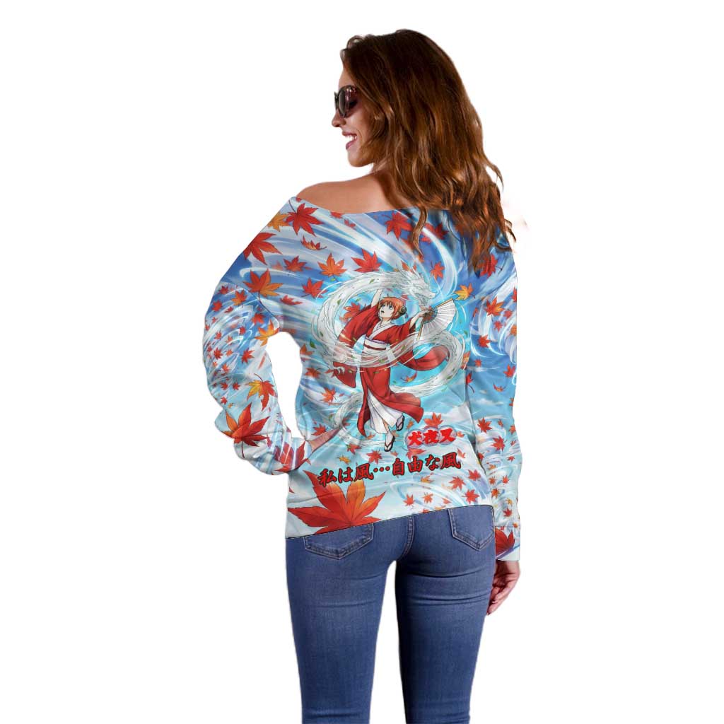 Kagura Inuyasha Series Off Shoulder Sweater Wind Spirit Anime Style with Autumn Maple Leaves