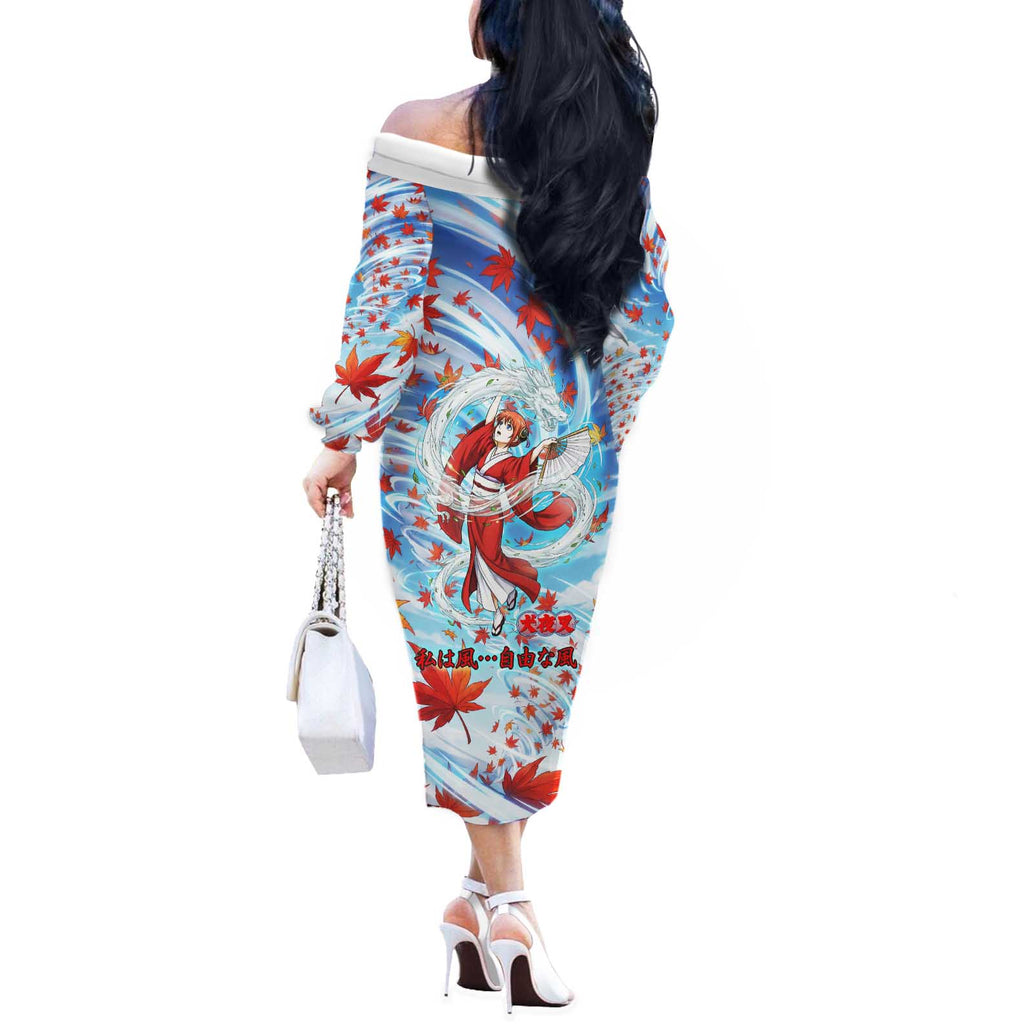 Kagura Inuyasha Series Off The Shoulder Long Sleeve Dress Wind Spirit Anime Style with Autumn Maple Leaves