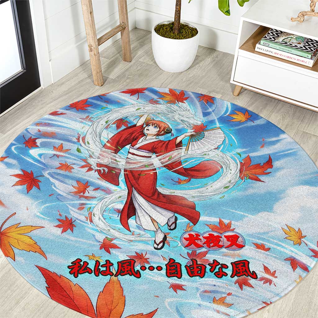 Kagura Inuyasha Series Round Carpet Wind Spirit Anime Style with Autumn Maple Leaves