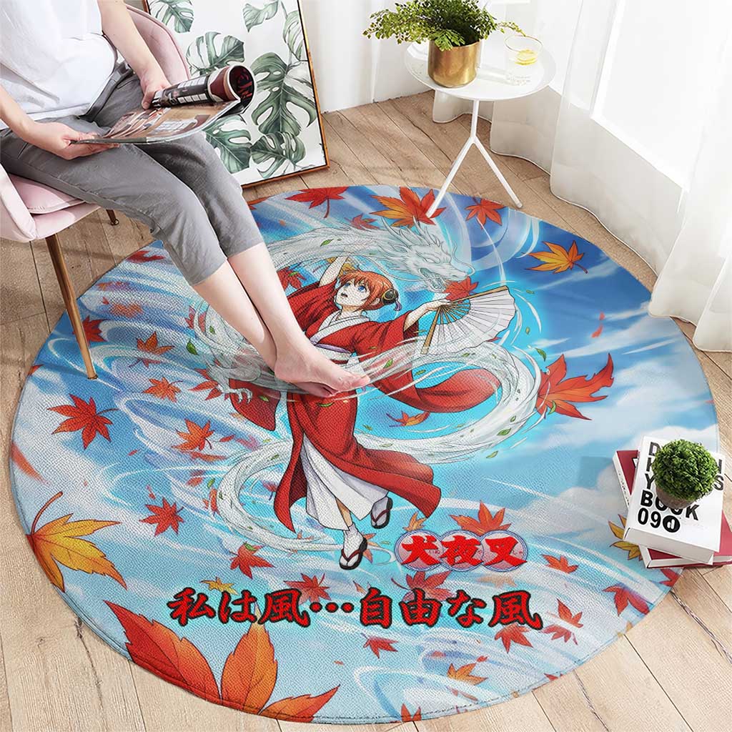 Kagura Inuyasha Series Round Carpet Wind Spirit Anime Style with Autumn Maple Leaves
