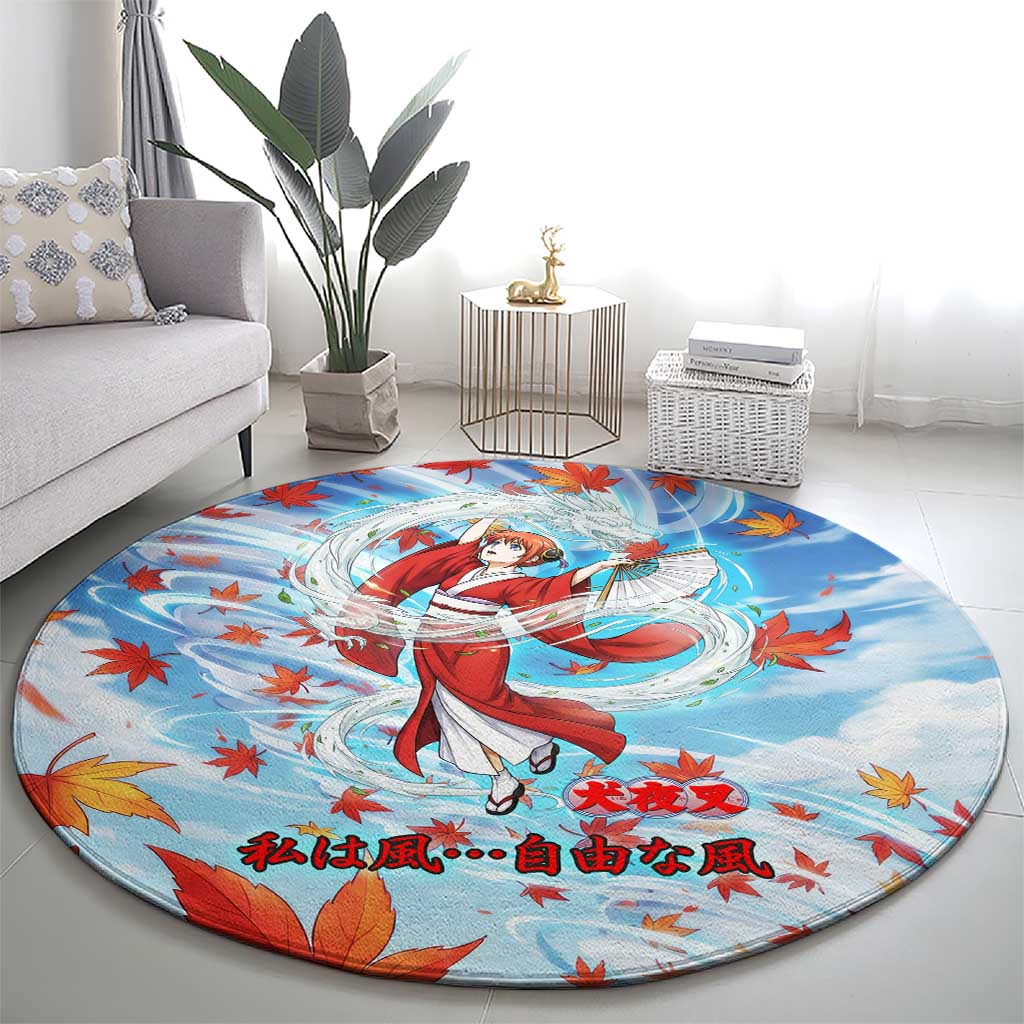 Kagura Inuyasha Series Round Carpet Wind Spirit Anime Style with Autumn Maple Leaves