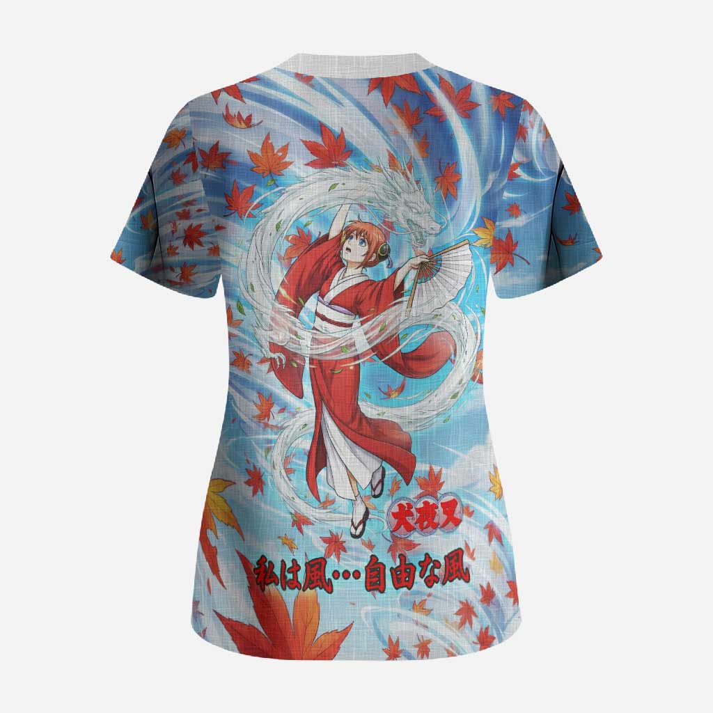 Kagura Inuyasha Series Scrub Top Wind Spirit Anime Style with Autumn Maple Leaves
