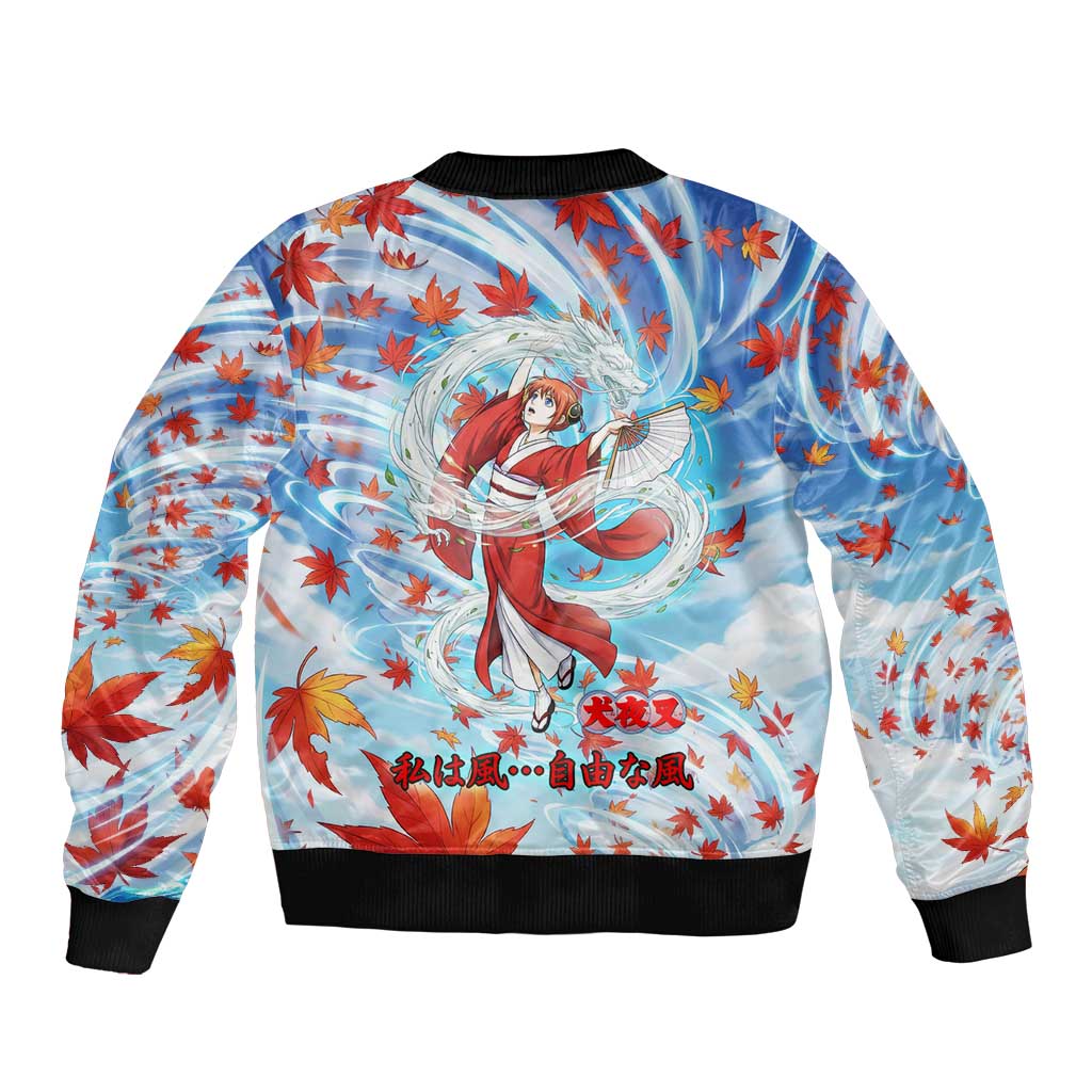Kagura Inuyasha Series Sleeve Zip Bomber Jacket Wind Spirit Anime Style with Autumn Maple Leaves