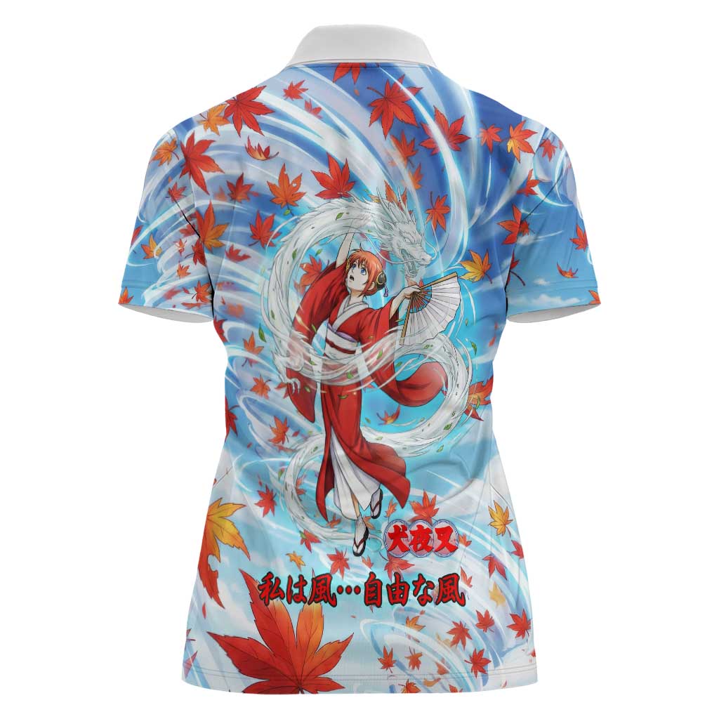 Kagura Inuyasha Series Women Polo Shirt Wind Spirit Anime Style with Autumn Maple Leaves