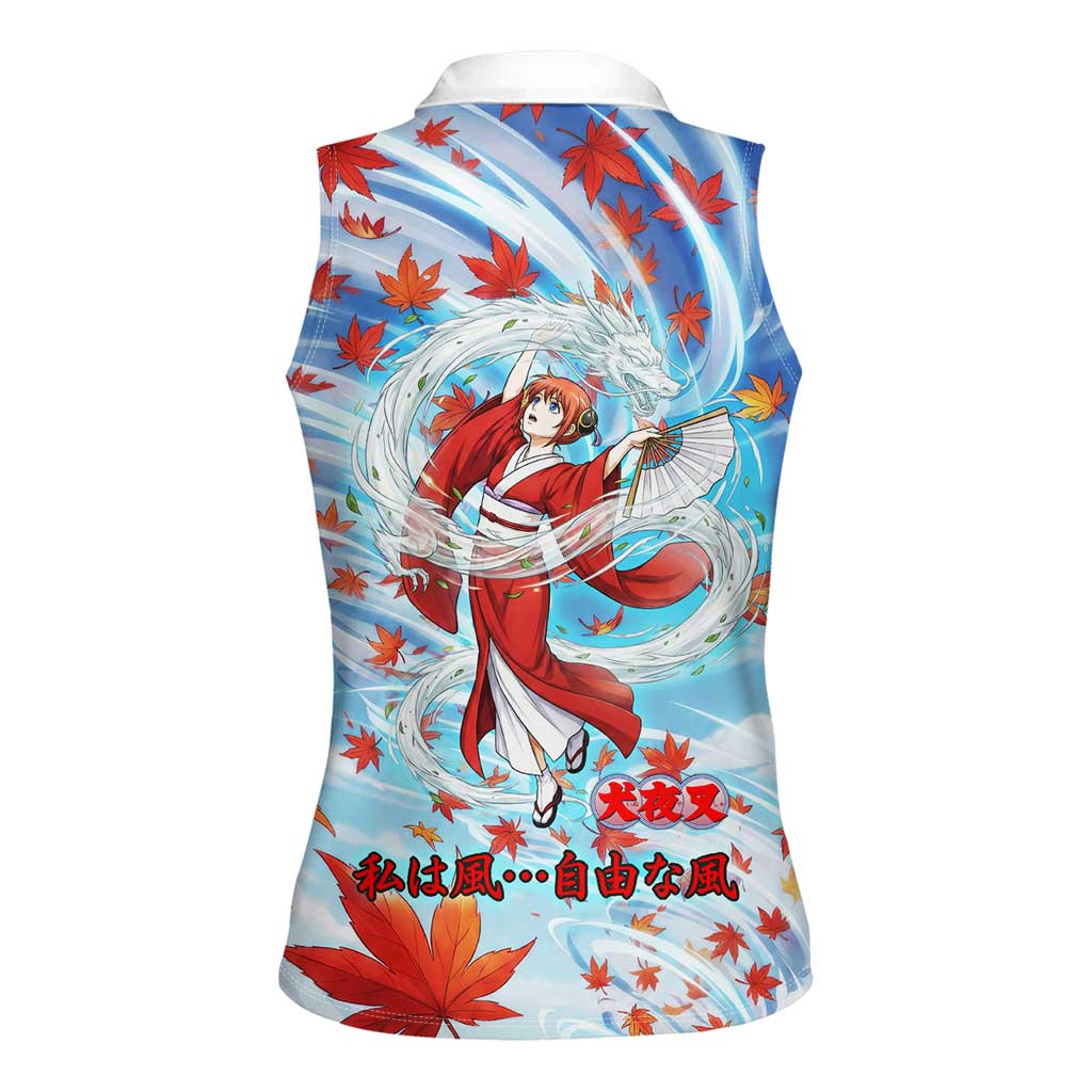 Kagura Inuyasha Series Women Sleeveless Polo Shirt Wind Spirit Anime Style with Autumn Maple Leaves