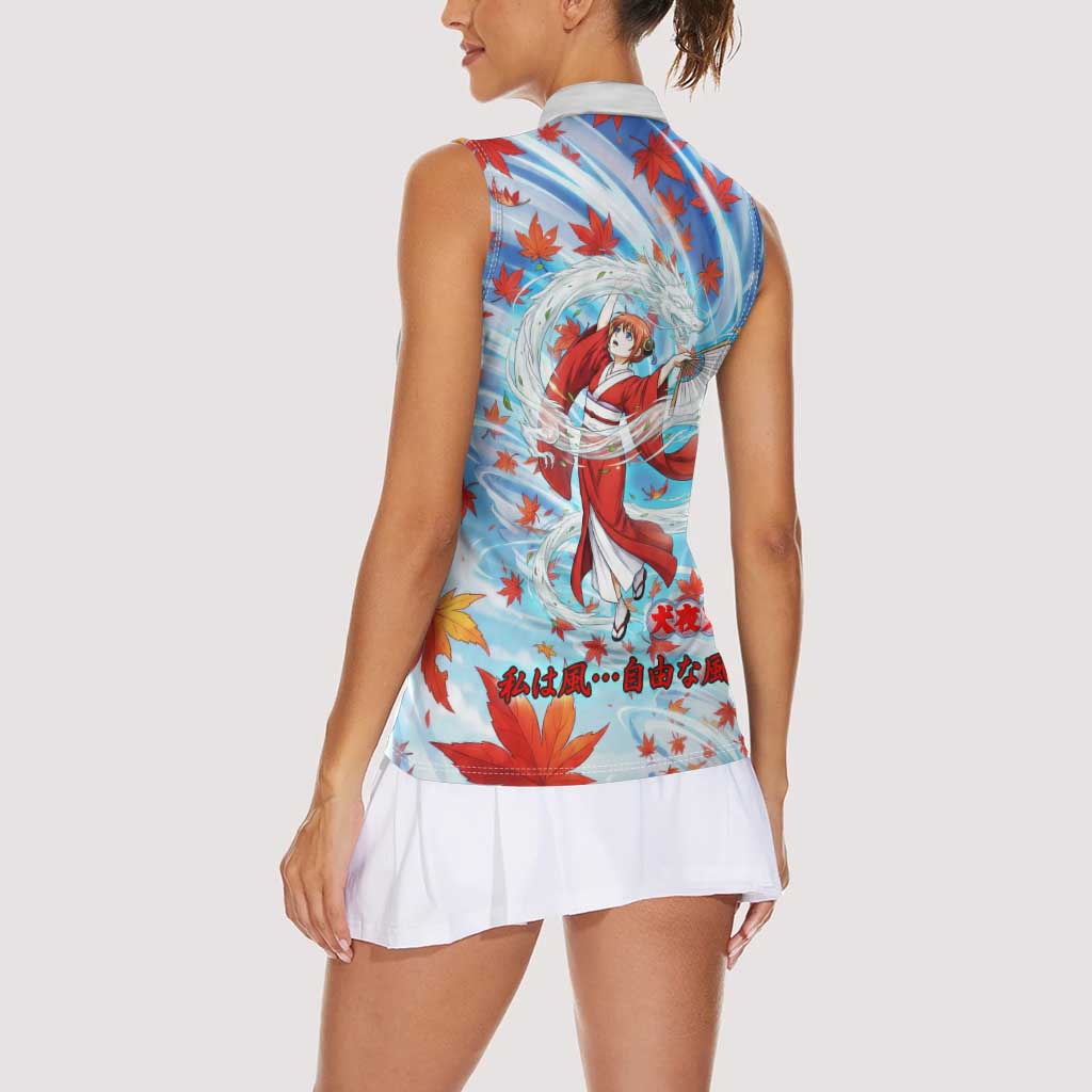 Kagura Inuyasha Series Women Sleeveless Polo Shirt Wind Spirit Anime Style with Autumn Maple Leaves
