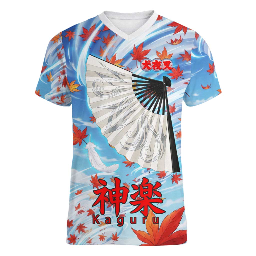 Kagura Inuyasha Series Women V-Neck T-Shirt Wind Spirit Anime Style with Autumn Maple Leaves