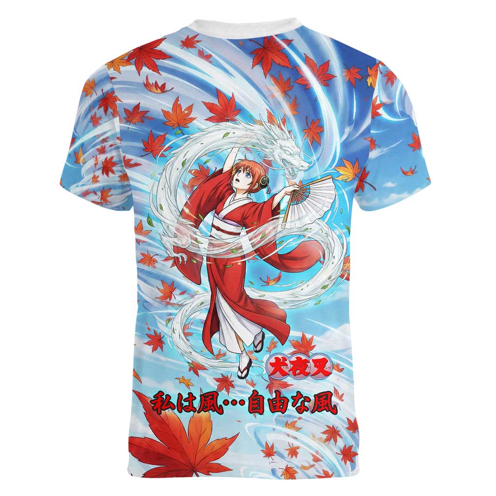 Kagura Inuyasha Series Women V-Neck T-Shirt Wind Spirit Anime Style with Autumn Maple Leaves