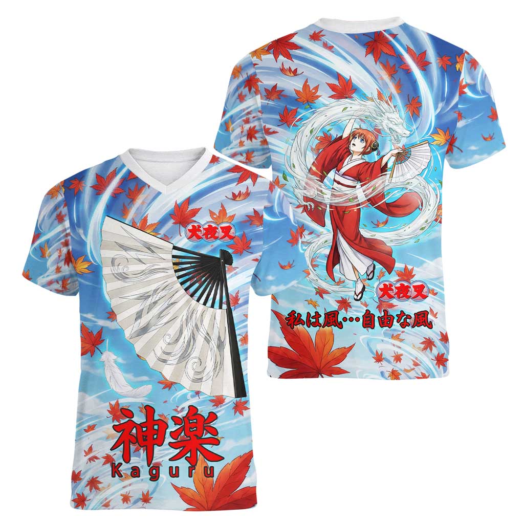 Kagura Inuyasha Series Women V-Neck T-Shirt Wind Spirit Anime Style with Autumn Maple Leaves