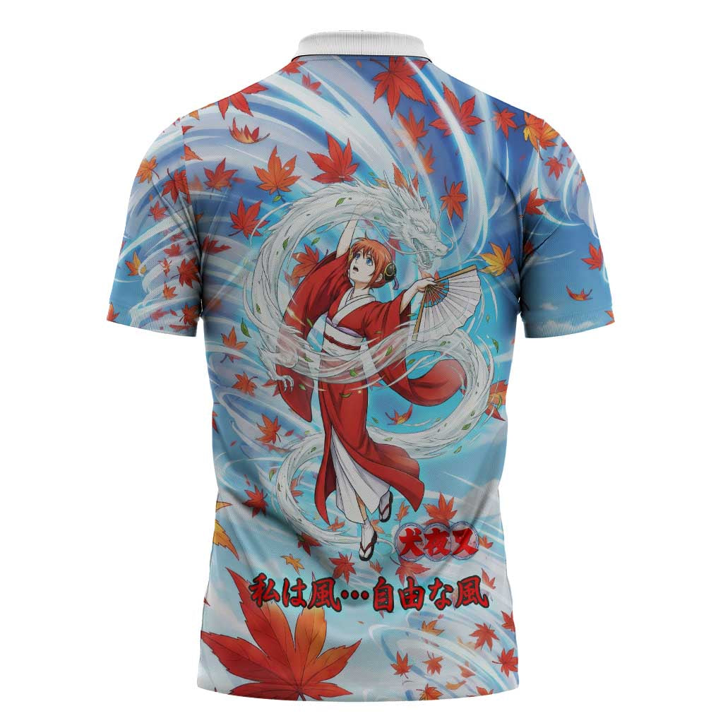 Kagura Inuyasha Series Zipper Polo Shirt Wind Spirit Anime Style with Autumn Maple Leaves