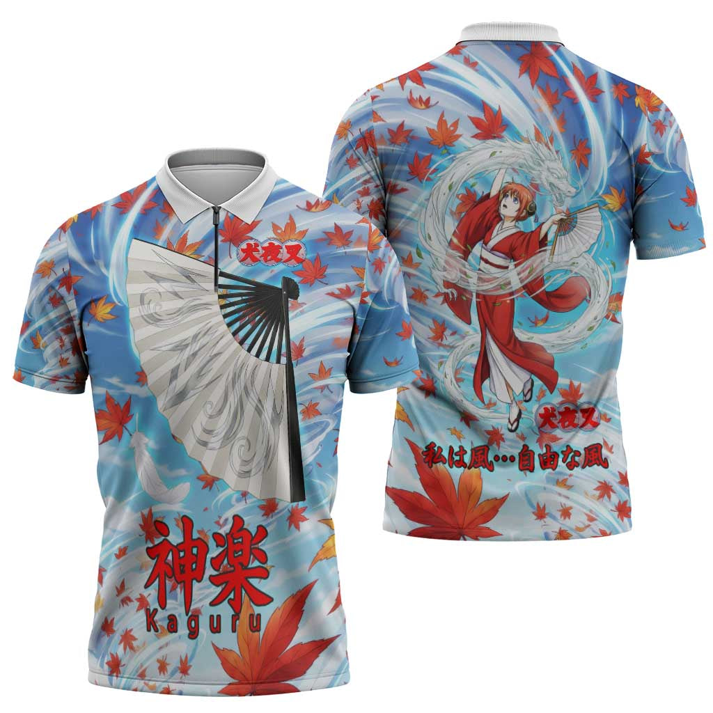Kagura Inuyasha Series Zipper Polo Shirt Wind Spirit Anime Style with Autumn Maple Leaves