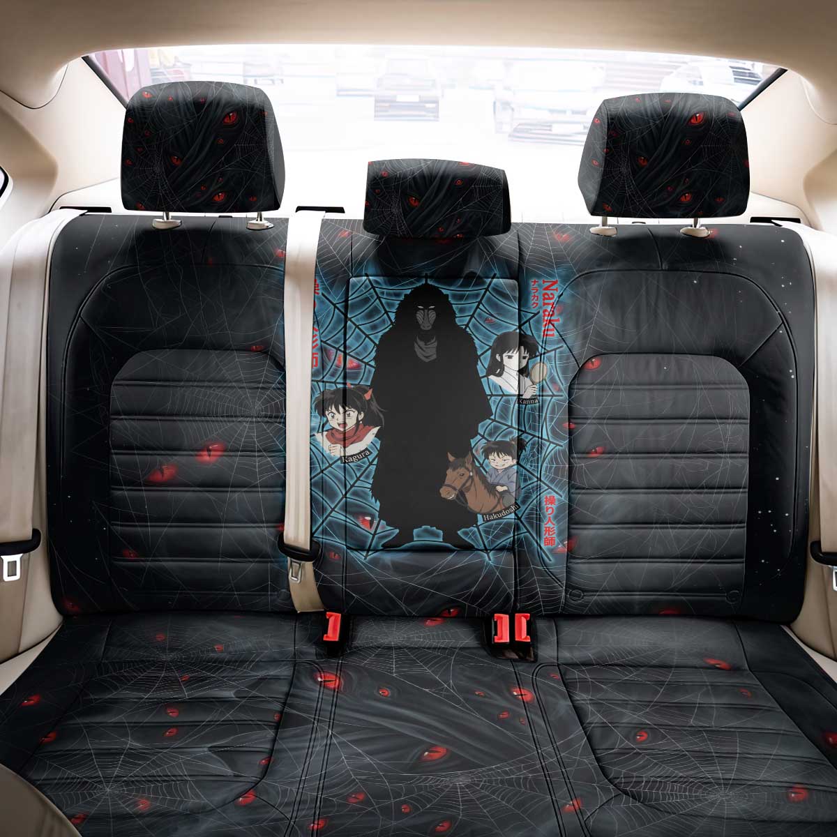 Naraku Inuyasha Series Back Car Seat Cover Dark Web Anime Style with Fiery Spider and Red Eyes