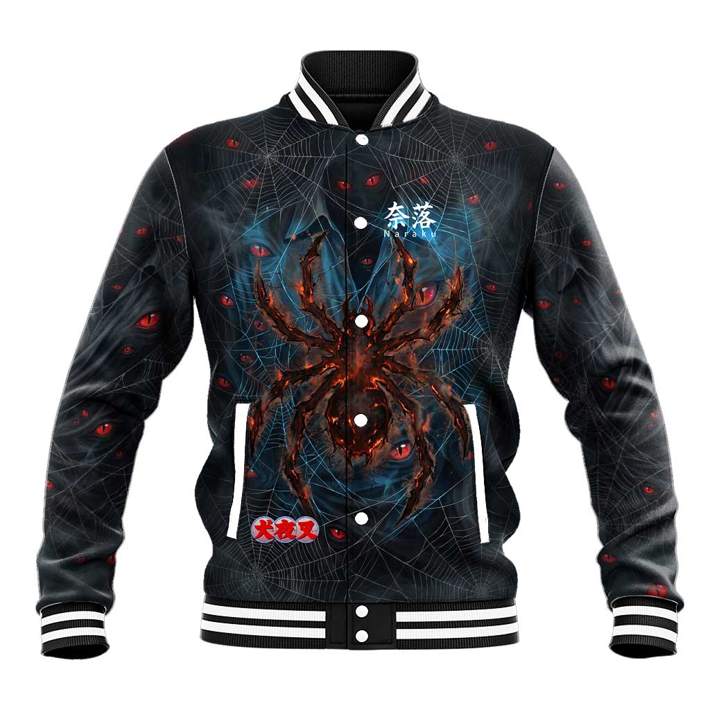 Naraku Inuyasha Series Baseball Jacket Dark Web Anime Style with Fiery Spider and Red Eyes