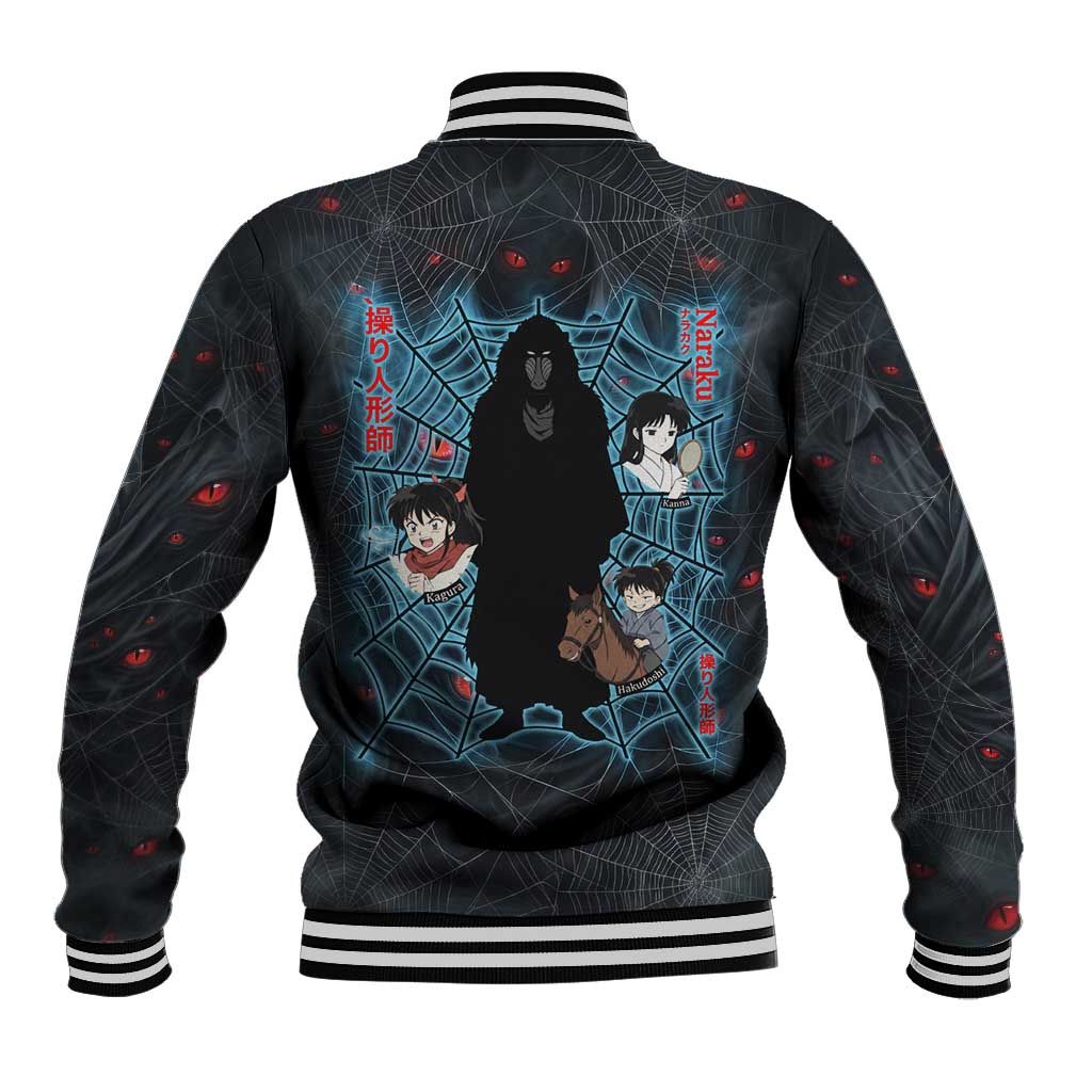 Naraku Inuyasha Series Baseball Jacket Dark Web Anime Style with Fiery Spider and Red Eyes
