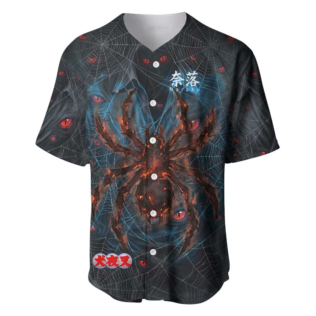 Naraku Inuyasha Series Baseball Jersey Dark Web Anime Style with Fiery Spider and Red Eyes