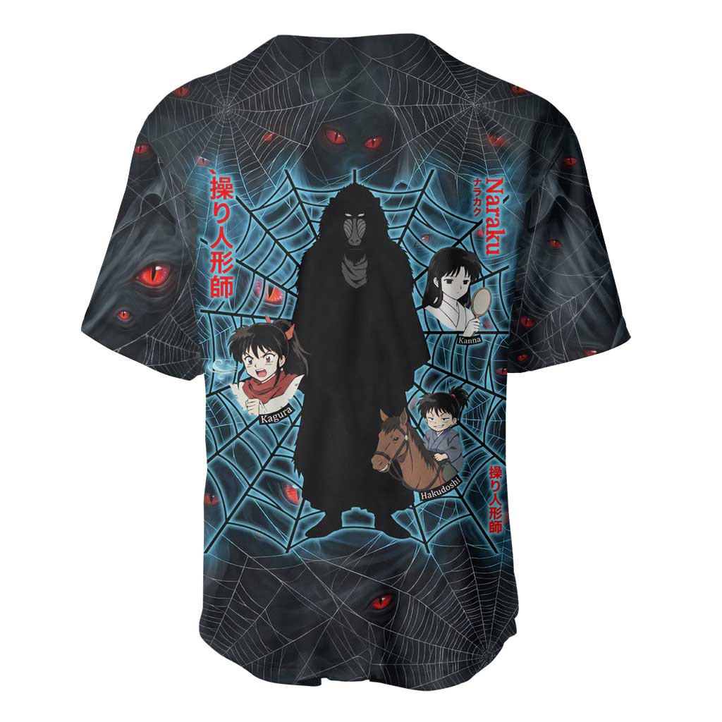 Naraku Inuyasha Series Baseball Jersey Dark Web Anime Style with Fiery Spider and Red Eyes