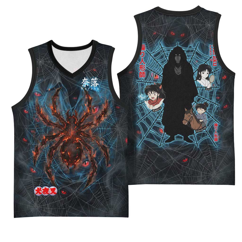 Naraku Inuyasha Series Basketball Jersey Dark Web Anime Style with Fiery Spider and Red Eyes