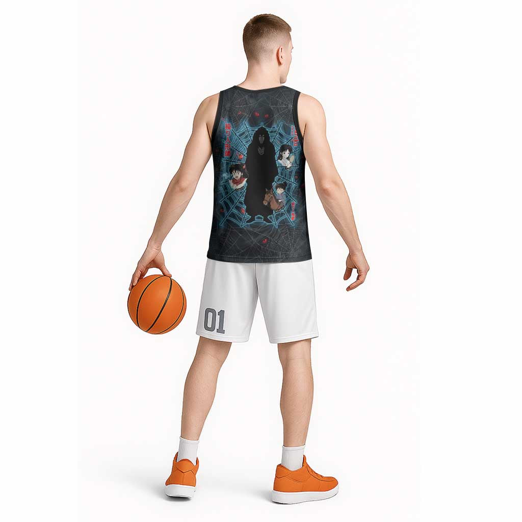 Naraku Inuyasha Series Basketball Jersey Dark Web Anime Style with Fiery Spider and Red Eyes
