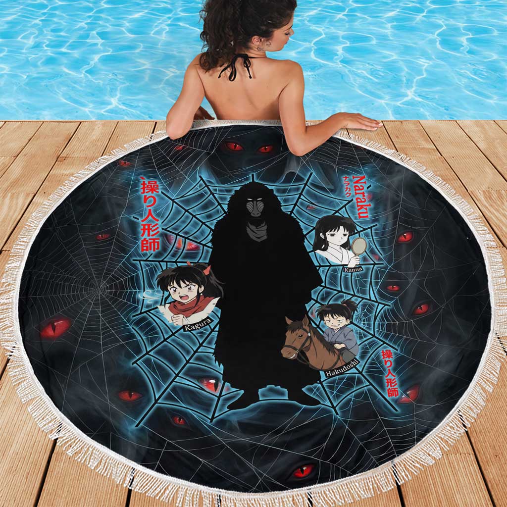 Naraku Inuyasha Series Beach Blanket Dark Web Anime Style with Fiery Spider and Red Eyes
