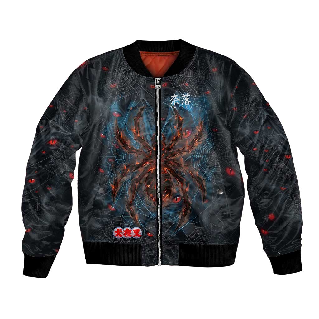 Naraku Inuyasha Series Bomber Jacket Dark Web Anime Style with Fiery Spider and Red Eyes