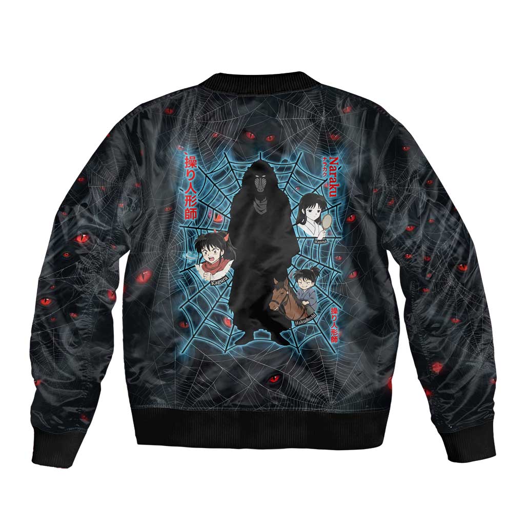Naraku Inuyasha Series Bomber Jacket Dark Web Anime Style with Fiery Spider and Red Eyes
