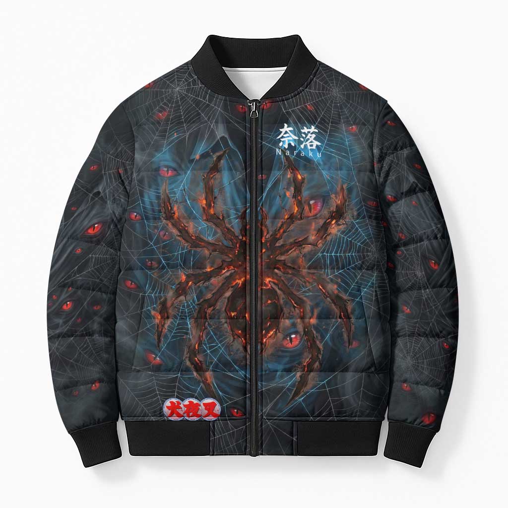 Naraku Inuyasha Series Bomber Puffer Jacket Dark Web Anime Style with Fiery Spider and Red Eyes