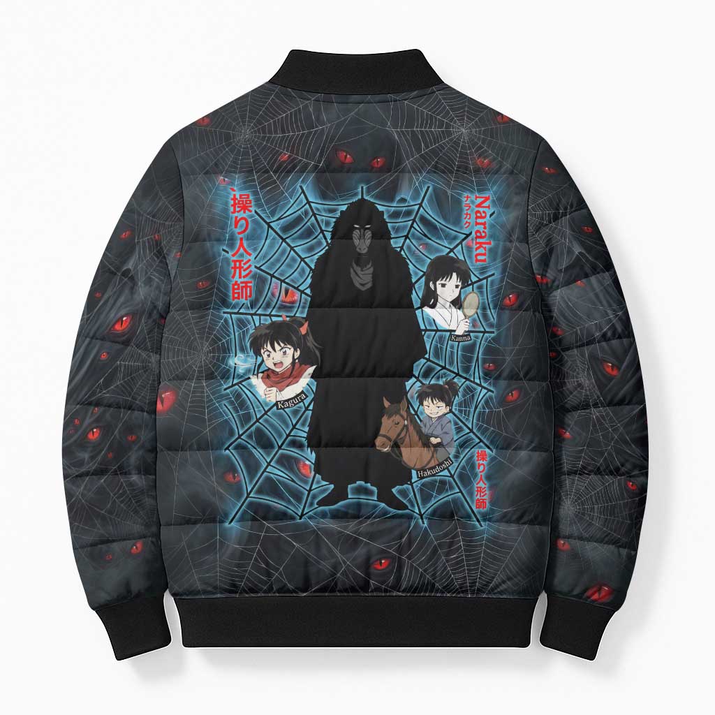 Naraku Inuyasha Series Bomber Puffer Jacket Dark Web Anime Style with Fiery Spider and Red Eyes