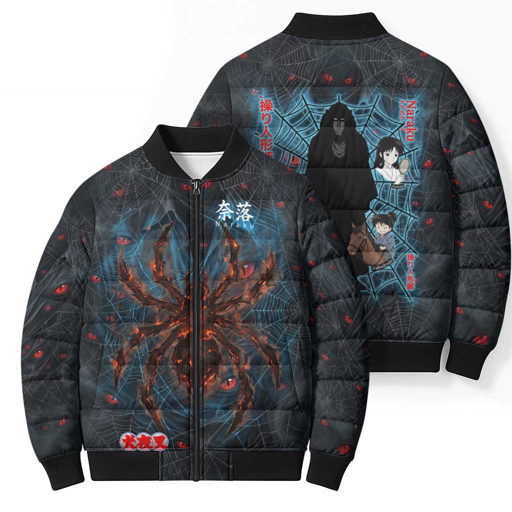 Naraku Inuyasha Series Bomber Puffer Jacket Dark Web Anime Style with Fiery Spider and Red Eyes