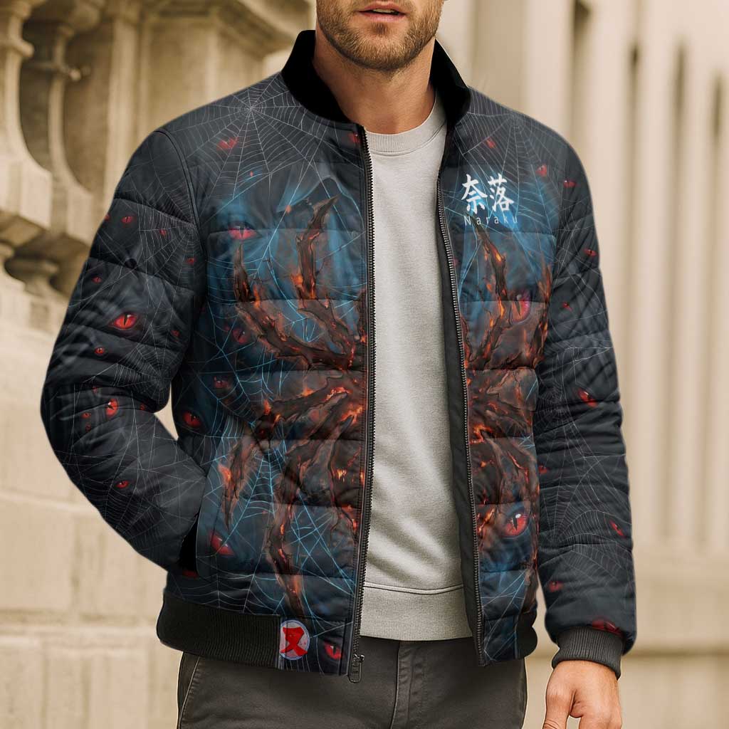 Naraku Inuyasha Series Bomber Puffer Jacket Dark Web Anime Style with Fiery Spider and Red Eyes