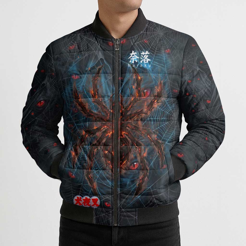 Naraku Inuyasha Series Bomber Puffer Jacket Dark Web Anime Style with Fiery Spider and Red Eyes
