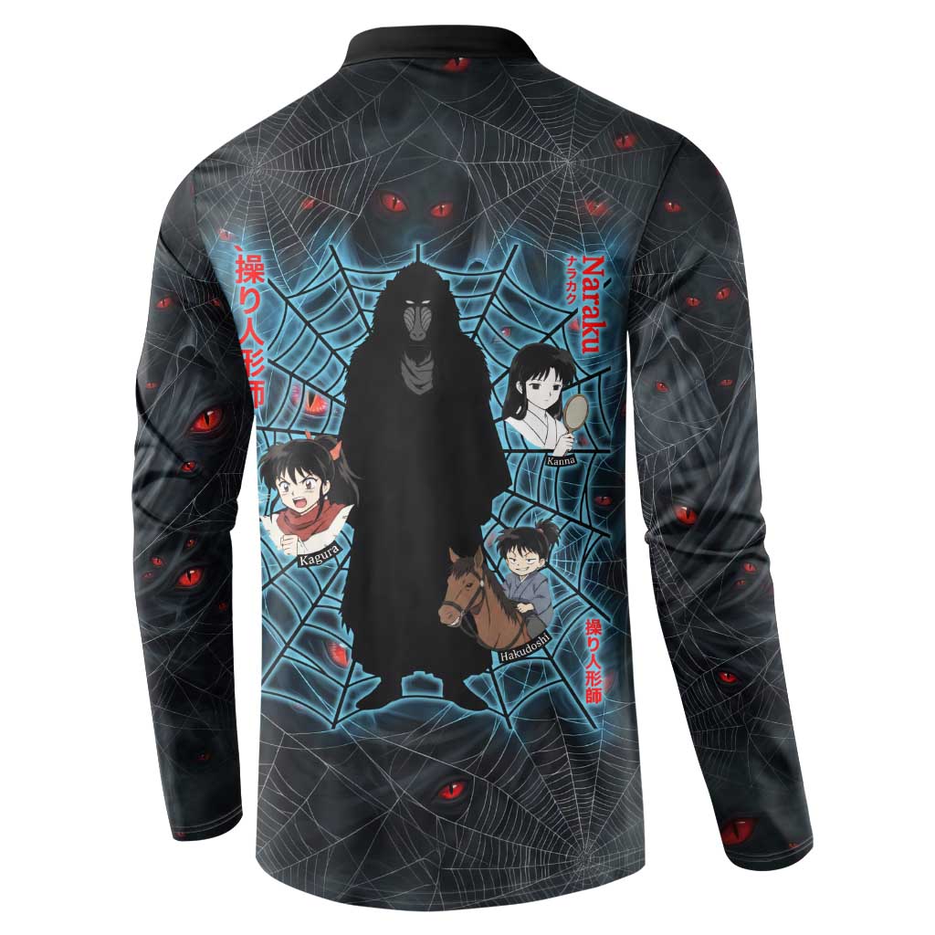 Naraku Inuyasha Series Button Sweatshirt Dark Web Anime Style with Fiery Spider and Red Eyes