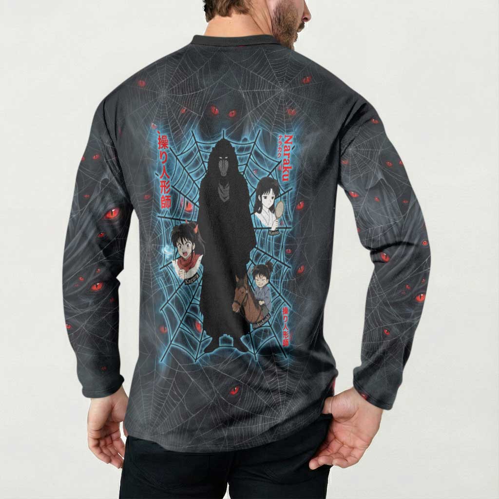 Naraku Inuyasha Series Button Sweatshirt Dark Web Anime Style with Fiery Spider and Red Eyes